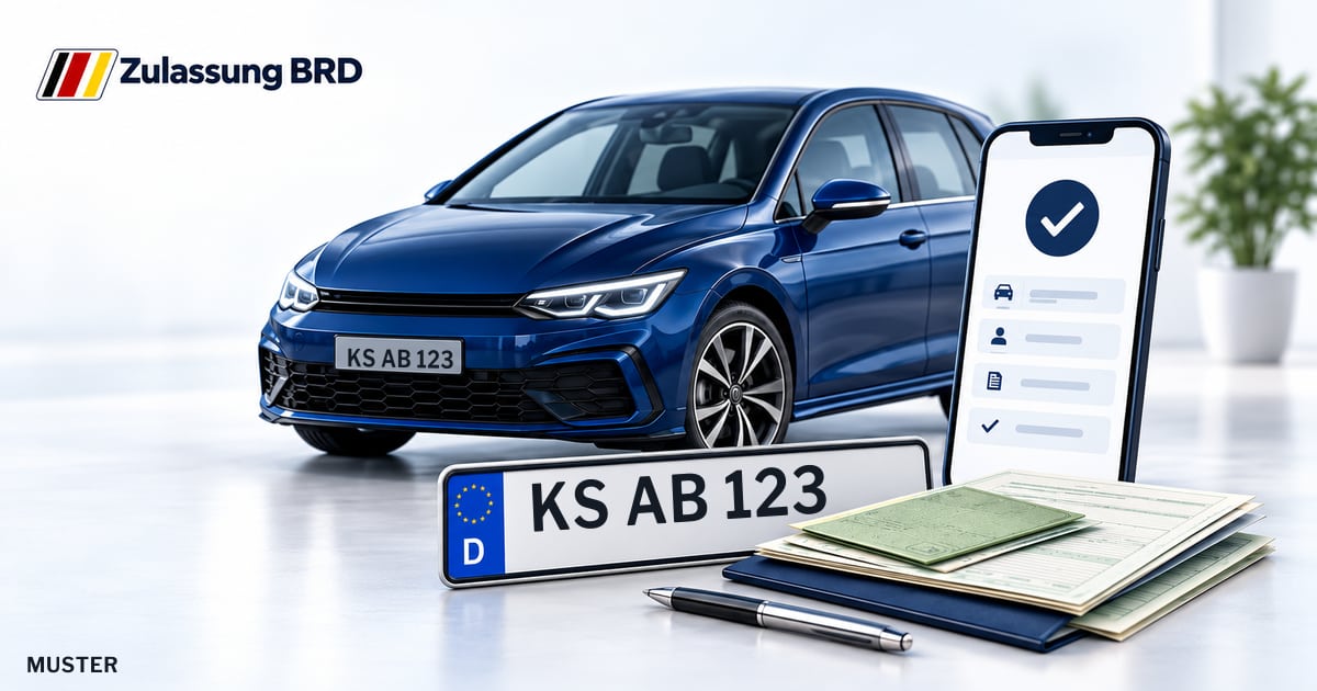 Online Fahrzeugzulassung in Bad Emstal: Musterkennzeichen KS AB 123, Auto und Fahrzeugpapiere und Smartphone. Illustration mit Logo von Zulassung BRD.